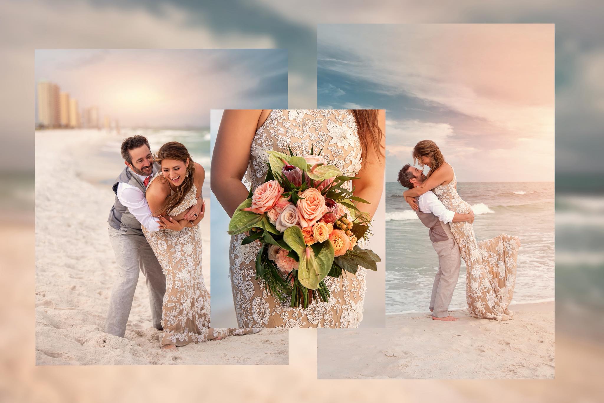 A bride and groom on an Emerald Coast beach at sunset, photographed by Kuwitzky Photography